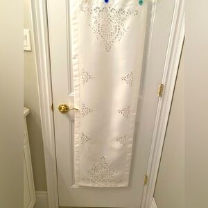 White Polyester Blend Oblong Lacey Table Runner with White Satin Border